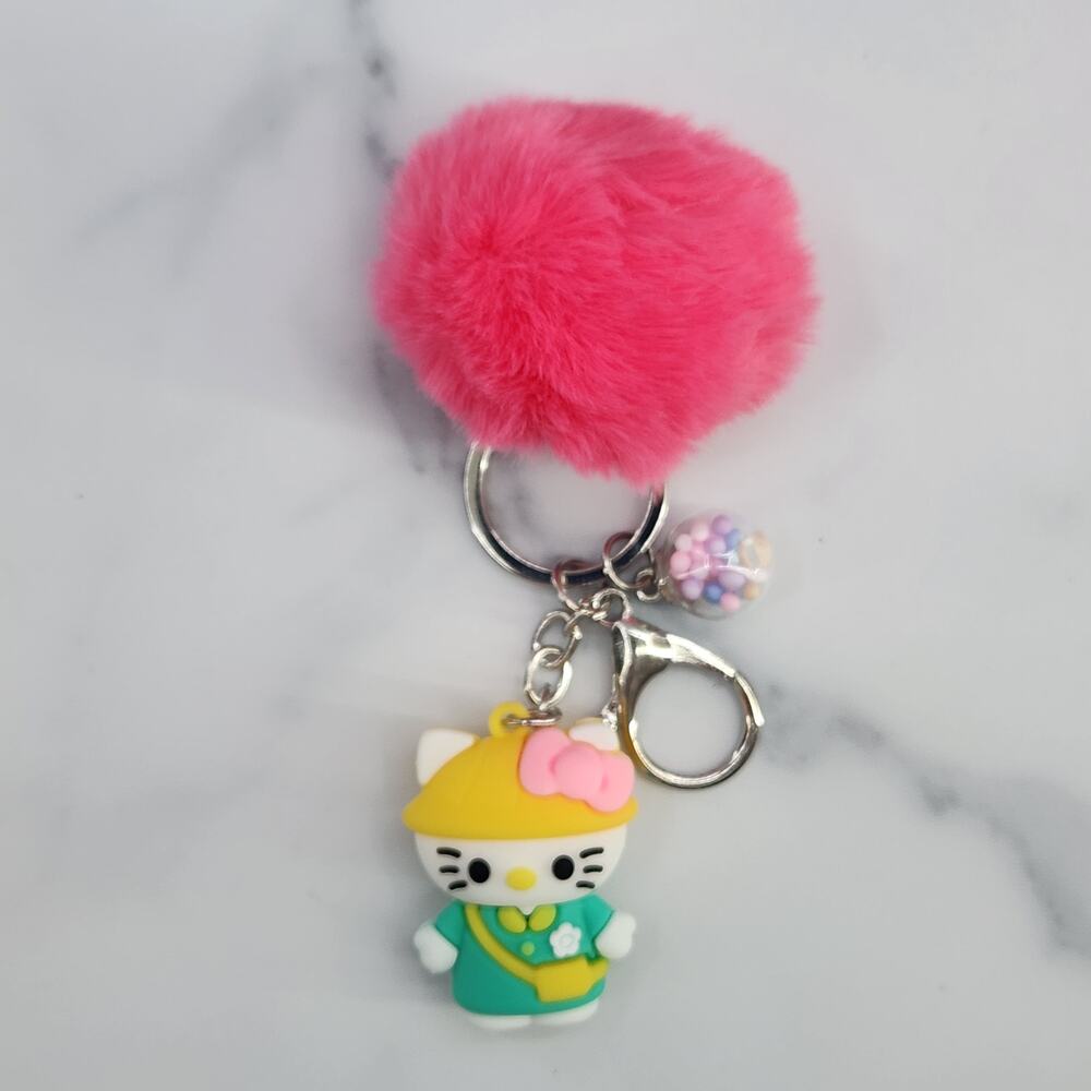 Hello Kitty 3D Figure Keychain, puff ball & mini bead filled bubble Green & Pink